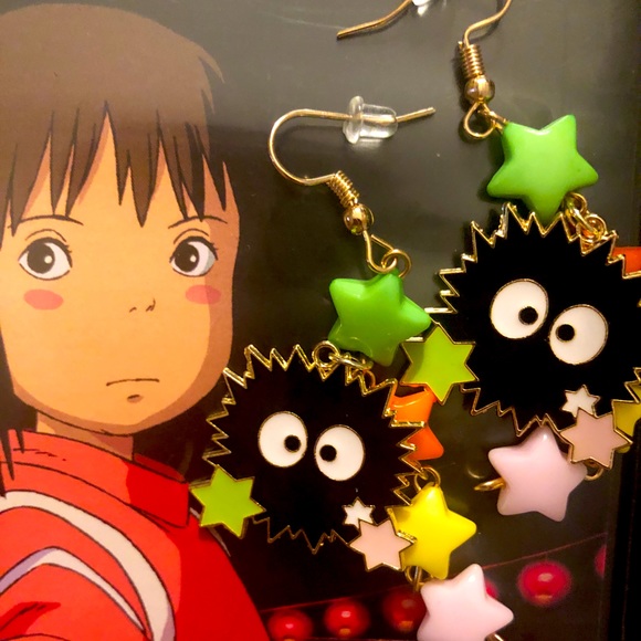 Spirited away earrings Soot sprites dangle gold hook - Picture 3 of 8
